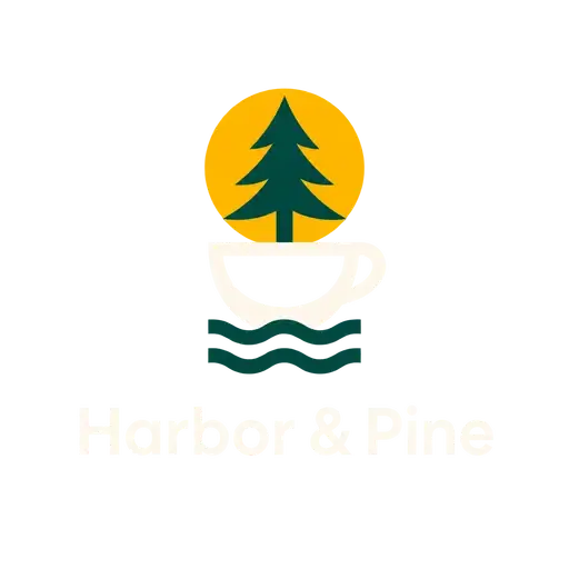 Minimalist AI logo for Harbor & Pine made for dark backgrounds: a pine tree before a yellow sun above a white coffee cup