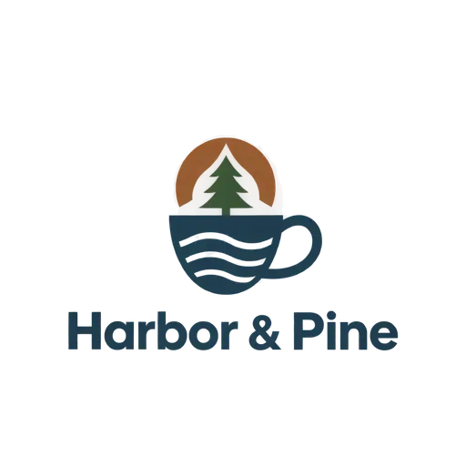Minimalist AI logo for Harbor & Pine, a coffee shop: a pine tree in a brown sun rising from a navy cup of waves, above navy lettering