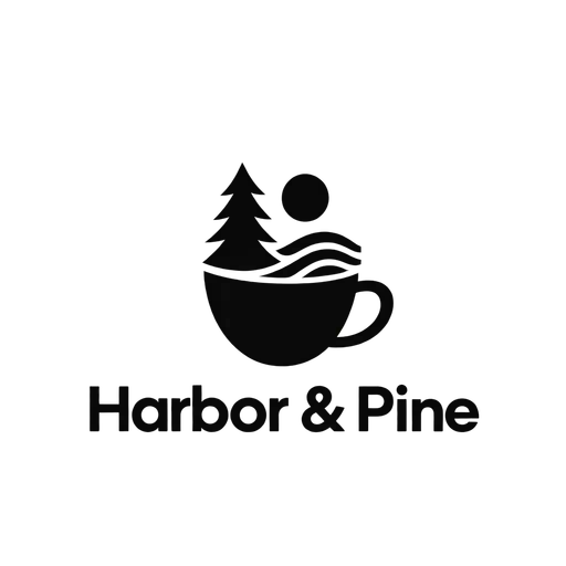 Black and white minimalist AI logo for Harbor & Pine, a coffee shop: a pine tree, a moon and waves rising from a black cup