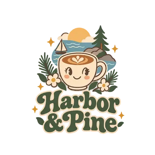 Whimsical retro AI logo for Harbor & Pine, a coffee shop: a smiling latte cup among flowers, pines and a sailboat above bouncy green lettering