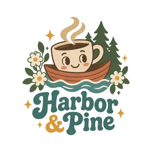 Finurligt AI-logo i retrostil til caféen Harbor & Pine: smilende kaffekop i lille båd med fyrretræer og blomster