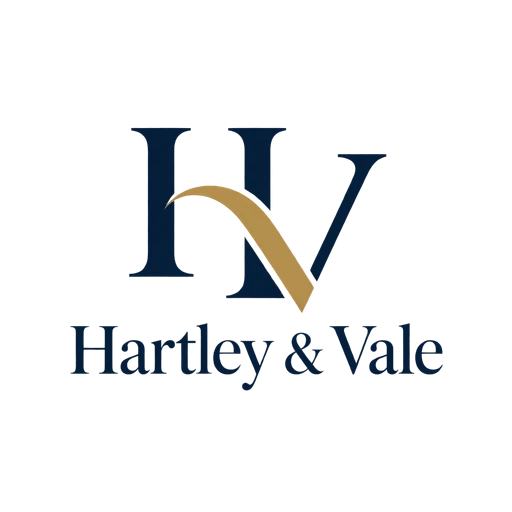 Elegant serif AI logo for Hartley & Vale, a law firm: an H and V monogram with a gold swash above the navy wordmark
