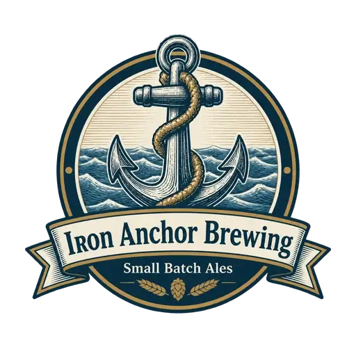 Vintage badge AI logo for Iron Anchor Brewing: an engraved anchor wrapped in rope over waves with a ribbon reading Small Batch Ales