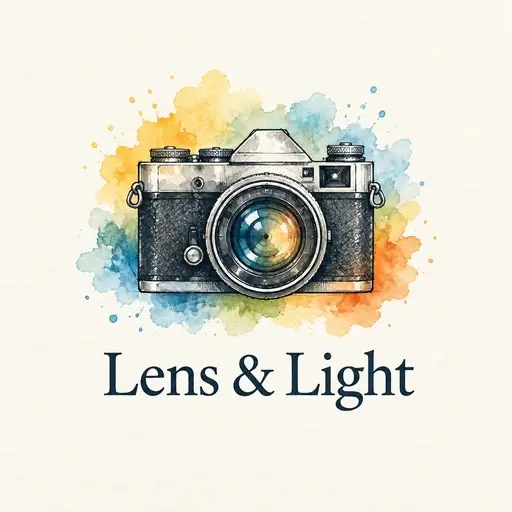 Watercolor AI logo for Lens & Light, a photography studio: a vintage camera over soft blue and orange washes