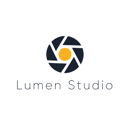 Minimalist AI logo for Lumen Studio, a photography studio: a black camera aperture with an orange center and thin lettering