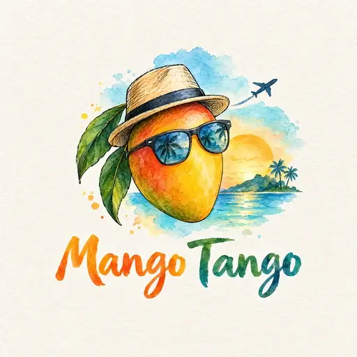 Watercolor AI logo for Mango Tango, a travel brand: a mango in a straw hat and sunglasses before a tropical sunset with a plane and palms