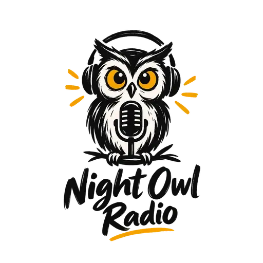 Hand-drawn scribble AI logo for Night Owl Radio, a podcast: an inky owl in headphones behind a microphone, with orange accents