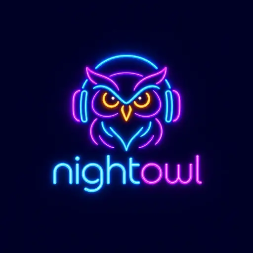 Neon sign AI logo for nightowl, a music and DJ brand: a glowing purple owl in blue headphones above blue neon lettering