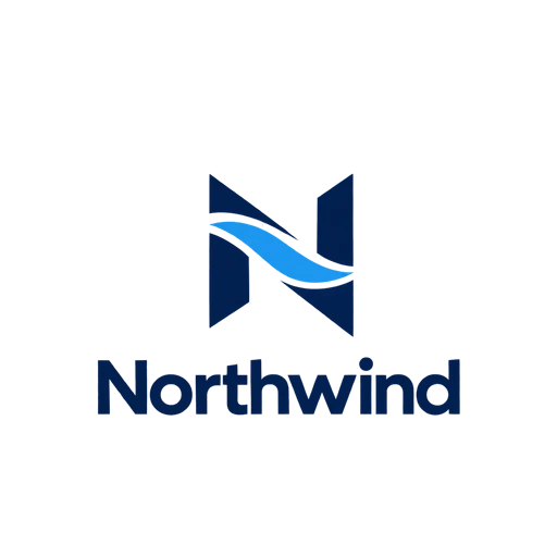 Minimalist AI logo for Northwind, a technology company: a navy N cut by a sweeping blue wave above a bold navy wordmark