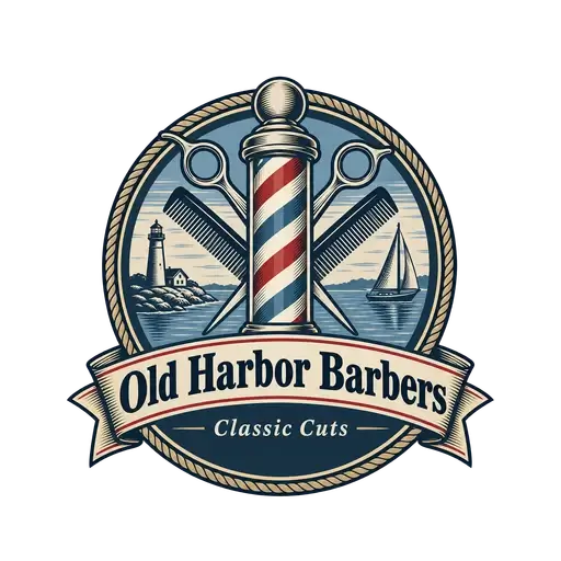 Vintage badge AI logo for Old Harbor Barbers: a striped barber pole with crossed scissors and combs over a harbor scene, above a Classic Cuts ribbon