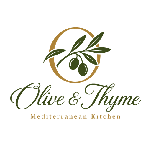 AI logo for Olive & Thyme Mediterranean Kitchen: an olive branch in a gold circle above an elegant green script wordmark