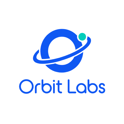 Minimalist AI logo for Orbit Labs, a technology company: a blue orbit ring with a teal moon and rounded lettering