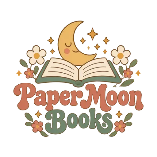 Whimsical retro AI logo for Paper Moon Books: an open book with a sleepy crescent moon, stars and flowers