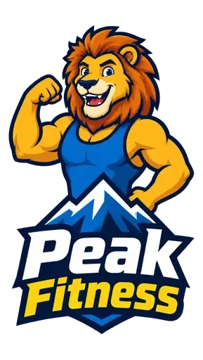 Mascot AI logo for Peak Fitness, a gym: a muscular lion flexing above a mountain badge with bold lettering