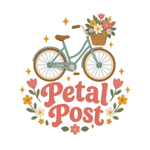 Whimsical retro AI logo for Petal Post: a mint bicycle with a basket of flowers above pink lettering and blossoms