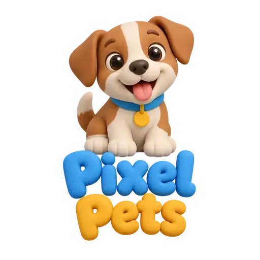 3D clay AI logo for Pixel Pets: a happy clay puppy with a blue collar above puffy blue and yellow letters
