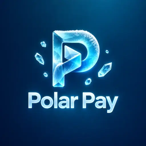3D ice AI logo for Polar Pay, a technology company: a crystal-clear ice letter P with floating shards on deep blue
