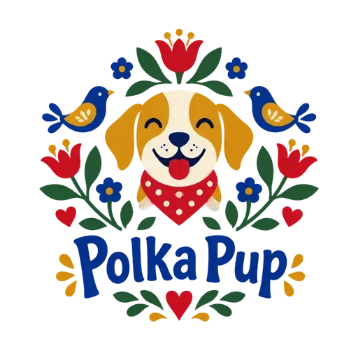 Scandinavian folk-art AI logo for Polka Pup, a pet shop: a happy dog in a red scarf framed by tulips and birds