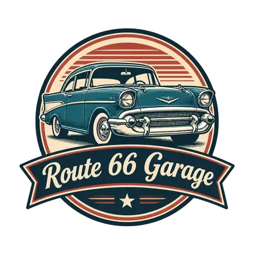 Vintage badge AI logo for Route 66 Garage: a classic 1950s car in a retro circle with a ribbon banner