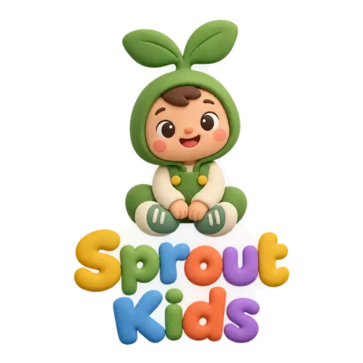 Clay AI logo for Sprout Kids, a children’s clothing brand: a smiling toddler in a green sprout hood above puffy rainbow letters