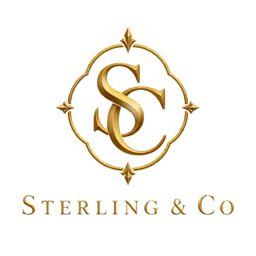 Luxury gold monogram AI logo for Sterling & Co, a jewelry brand: an S and C inside an ornate gold frame