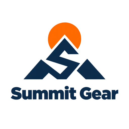Bold minimalist AI logo for Summit Gear, an outdoor clothing brand: a navy mountain shaped like an S under an orange sun