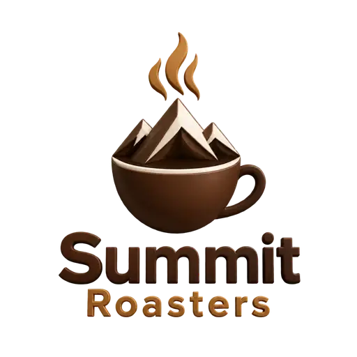 3D AI logo for Summit Roasters, a coffee shop: a glossy coffee cup holding snowy mountains with rising steam