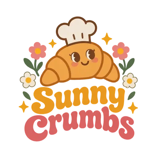 Whimsical retro AI logo for Sunny Crumbs, a bakery: a smiling croissant in a chef’s hat framed by flowers and sparkles