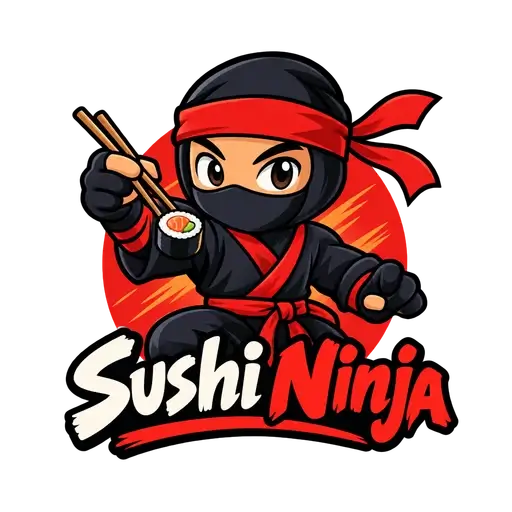 Cartoon mascot AI logo for Sushi Ninja, a restaurant: a ninja holding a sushi roll with chopsticks over a red sun, with brush lettering