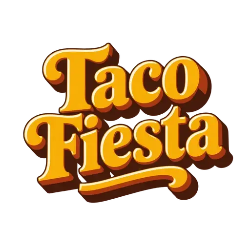 Retro 3D AI wordmark logo for Taco Fiesta, a restaurant: bold golden serif letters extruded in orange and brown
