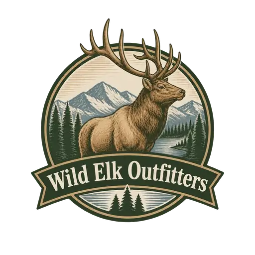 Vintage badge AI logo for Wild Elk Outfitters: an engraved elk before mountains and pines with a ribbon banner