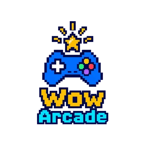 Pixel-art AI logo for Wow Arcade: a blue 8-bit game controller under a star burst, above yellow and cyan blocky letters