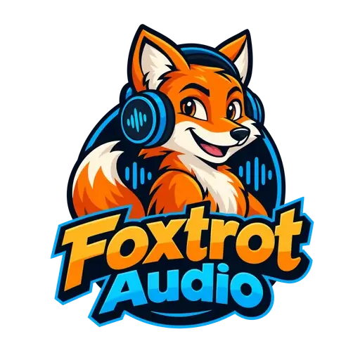 Cartoon mascot AI logo for Foxtrot Audio: a smiling fox in blue headphones in a sound-wave circle above orange and blue lettering, as an editable vector SVG